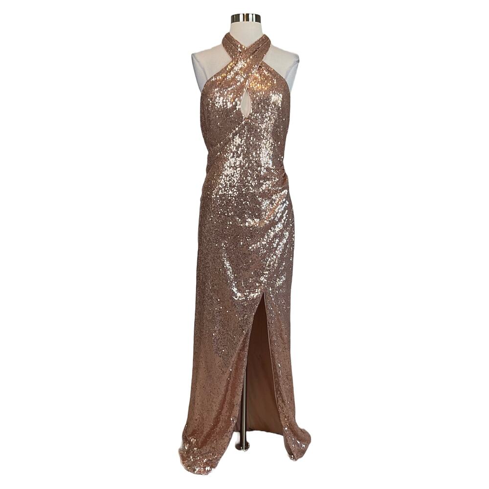 AQUA Rose Gold Column Gown Sequined Backless Cut Out Halter Dress Size Medium - Picture 2 of 13